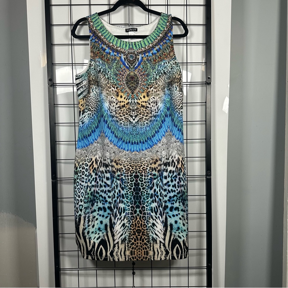 Venus Multicolored Mixed Animal Print Rhinestone Sleeveless Maxi Dress Womens XL